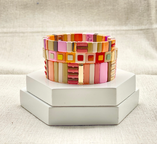 Hazel Autumn Color Enamel Tile Bracelets, Colorblock Bracelets, Enamel Beads, Trendy Tila