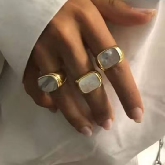 18K Gold Plated Mother-of-Pearl Ring, Chunky Black Pax Ring