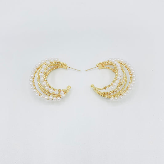 Faux Pearl Triple Hoop Earrings, Medium Hoop Earrings, Gold Hoop Earrings
