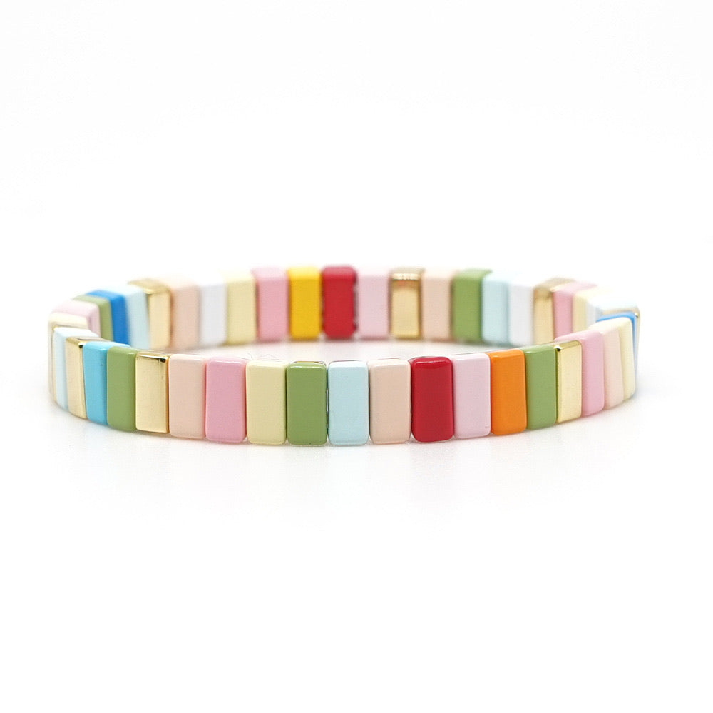 Narrow Light Mix Rainbow Enamel Tile Beads, Colorblock Bracelets, Enamel Beads, Trendy Tila, Stretch Bracelets, Bohemian Bracelets, Tile Beads