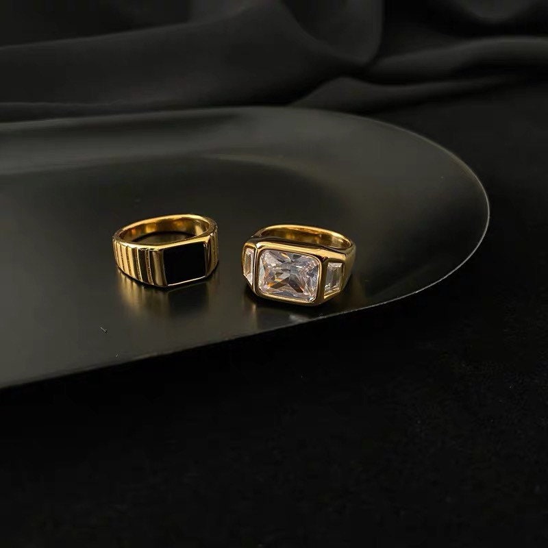 18K Gold Plated Three Stone CZ Ring, Black Square Signet Ring, Stacking Ring Set