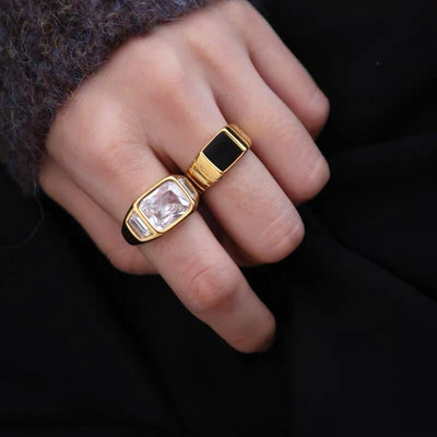 18K Gold Plated Three Stone CZ Ring, Black Square Signet Ring, Stacking Ring Set