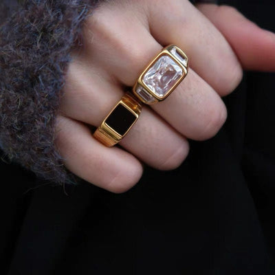 18K Gold Plated Three Stone CZ Ring, Black Square Signet Ring, Stacking Ring Set