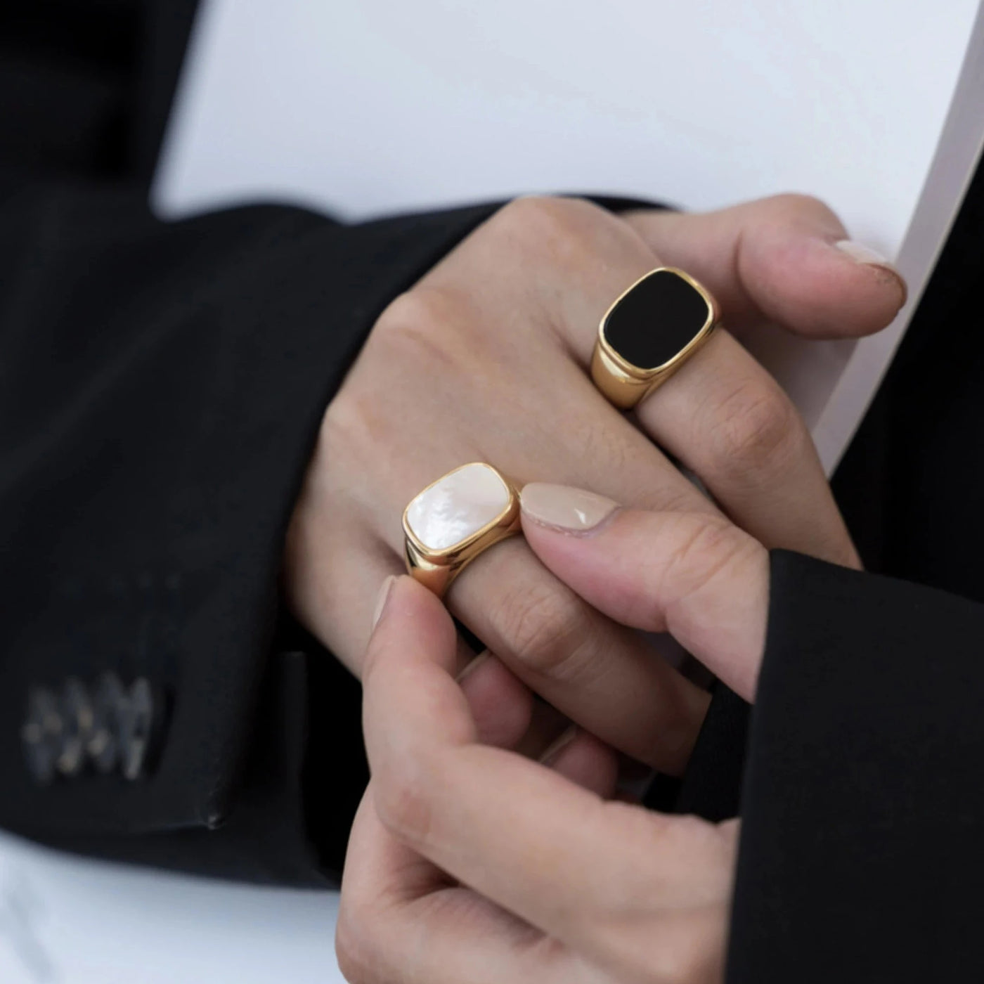 18K Gold Plated Mother-of-Pearl Ring, Chunky Black Pax Ring