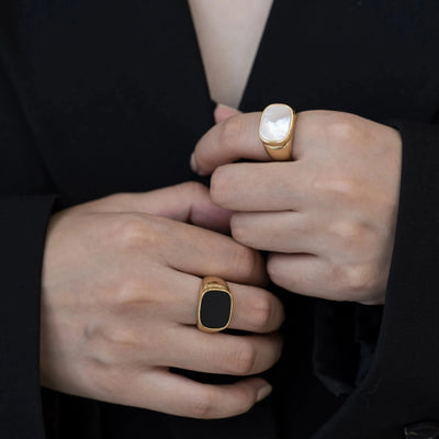 18K Gold Plated Mother-of-Pearl Ring, Chunky Black Pax Ring