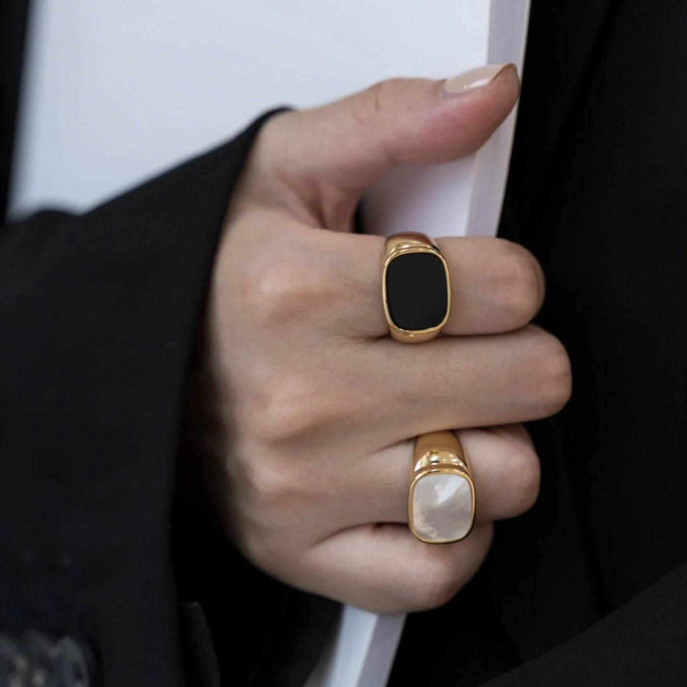 18K Gold Plated Mother-of-Pearl Ring, Chunky Black Pax Ring