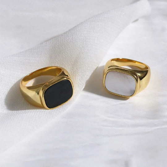 18K Gold Plated Mother-of-Pearl Ring, Chunky Black Pax Ring