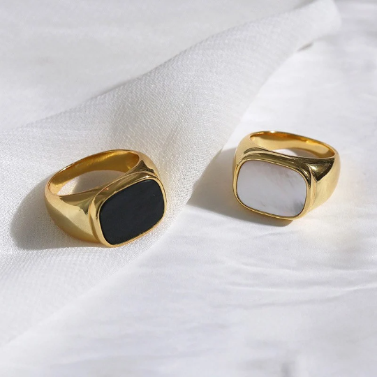 18K Gold Plated Mother of Pearl Ring Chunky Black Pax Ring The
