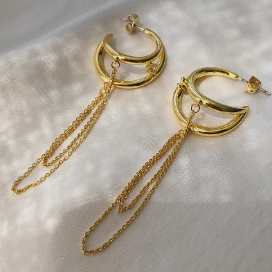 18K Gold Plated Moon Chain Earrings, Gold CZ Chain Hoop Earrings, Moon Drop Earrings