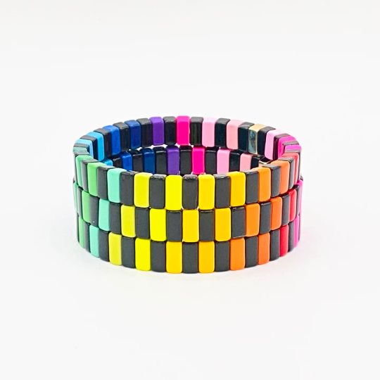 Schwarzes Regenbogen-Emaille-Fliesenarmband, Colorblock-Armbänder, Fliesenperlen-Armbänder