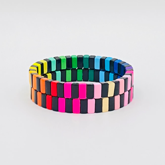 Black Rainbow Narrow Enamel Tile Bracelet, Colorblock Bracelets, Tile Beads Bracelets