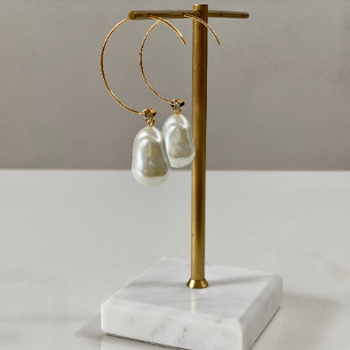 18k Gold Large Resin Pearl Drop Earrings (A Pair), Gold Hoop Earrings