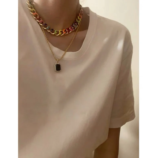 Rainbow Enamel 18K Gold Plated Thick Round Curb Necklace, Bold Curb Chain Necklace
