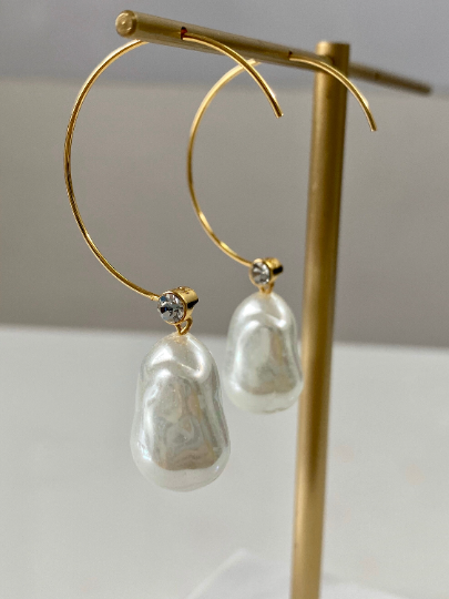 18k Gold Large Resin Pearl Drop Earrings (A Pair), Gold Hoop Earrings