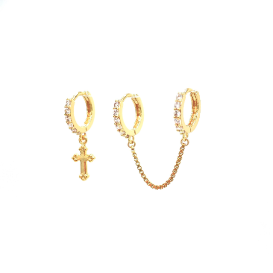 18K Gold Plated CZ Double Hoops Chain Earring, Handcuff Earring, Cross Earring