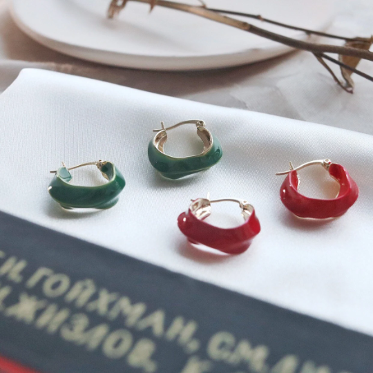 Vintage Green Hoops, Vintage Red Hoop Earrings, Enamel Earrings