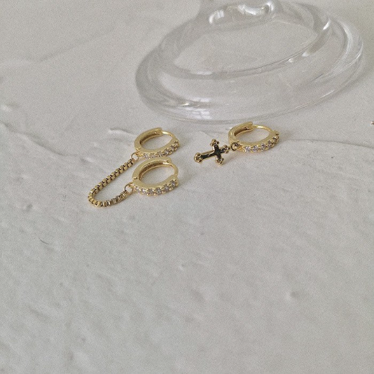 18K Gold Plated CZ Double Hoops Chain Earring, Handcuff Earring, Cross Earring