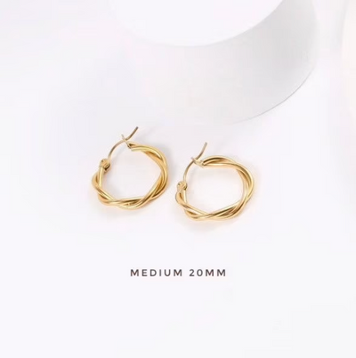 Boucles d’oreilles Twist Hoop simples plaquées or 18 carats 16 mm/20 mm/30 mm, boucles d’oreilles minimalistes