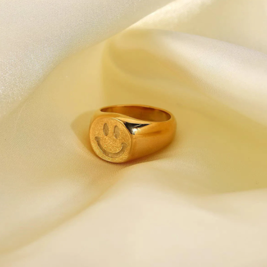 18K Gold Plated Smiley Face Ring, Emoji Ring, Happy Face Ring, Gold Chunky Ring