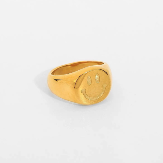18K Gold Plated Smiley Face Ring, Emoji Ring, Happy Face Ring, Gold Chunky Ring