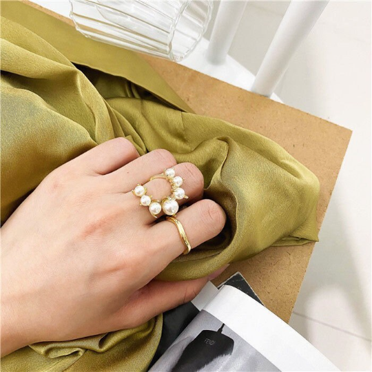 Adjustable Statement Faux Pearl Ring, Chunky Gold Ring, Stacking Ring, Half Moon Pearl Ring