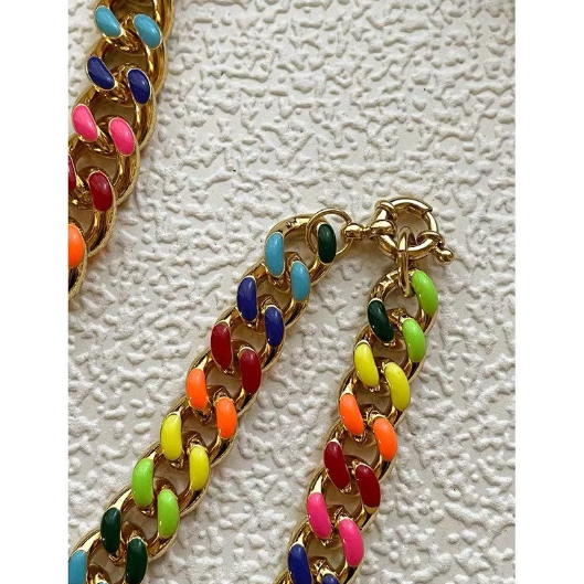 Rainbow Enamel 18K Gold Plated Thick Round Curb Necklace, Bold Curb Chain Necklace