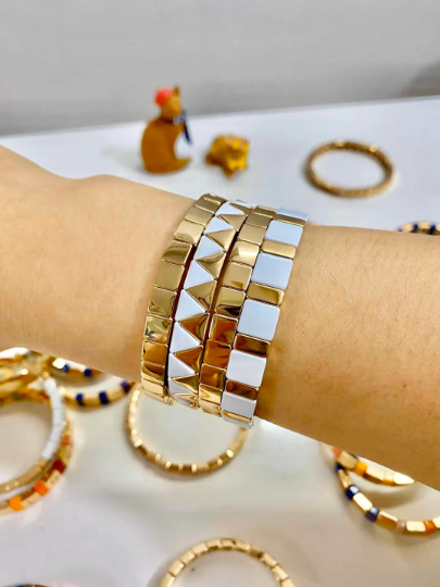 6mm Thin Rainbow Gold Enamel Tile Bead Bracelet, Colorblock Bracelets, Enamel Beads, Trendy Tila