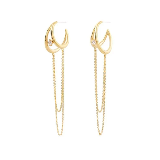 18K Gold Plated Moon Chain Earrings, Gold CZ Chain Hoop Earrings, Moon Drop Earrings