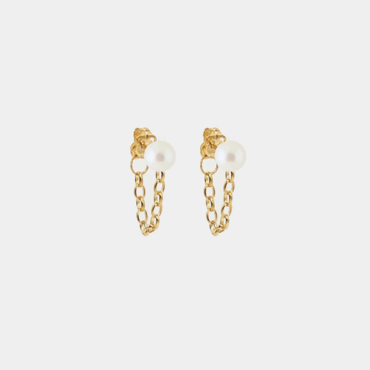 18K Gold Plated Faux Pearl Chic Chain Earrings, Chic Chain Hoops