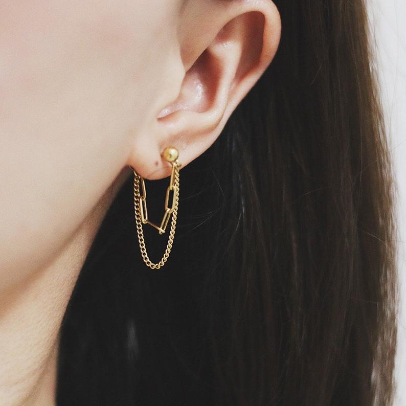 18K Gold Plated Double Chain Earrings, Chain Hoops