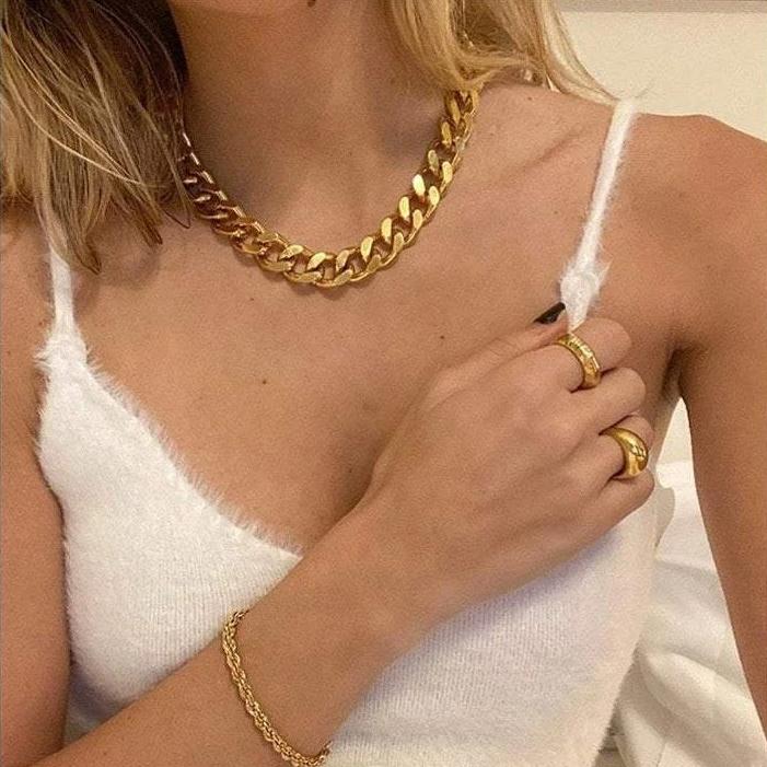 18K Gold Plated 12MM/15MM Round Curb Necklace, Bold Curb Chain, Link Chain Bracelet