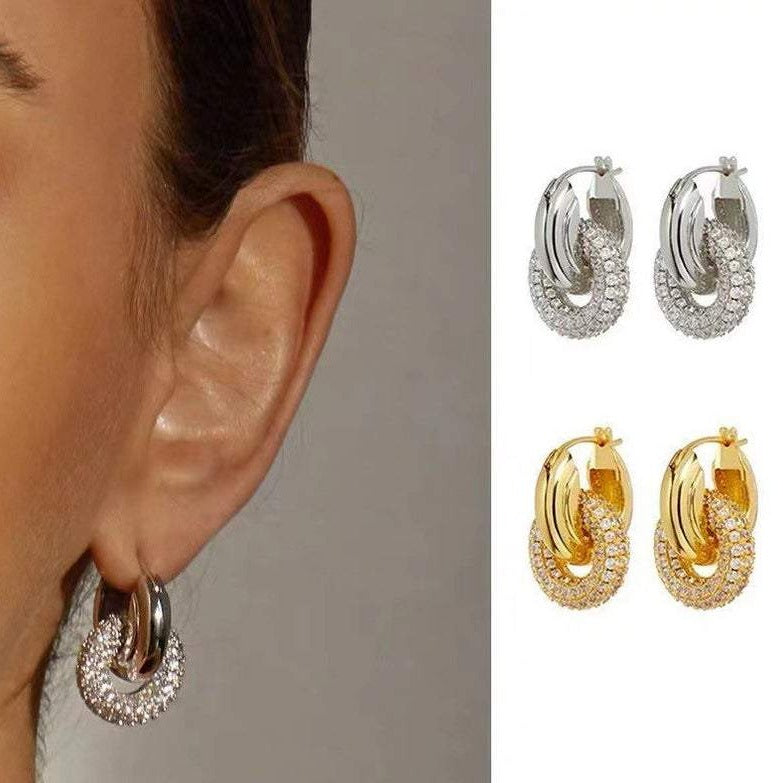 18K Gold Plated Sparkly Double Hoop Earrings, 17mm Gold CZ Hoop Earrings