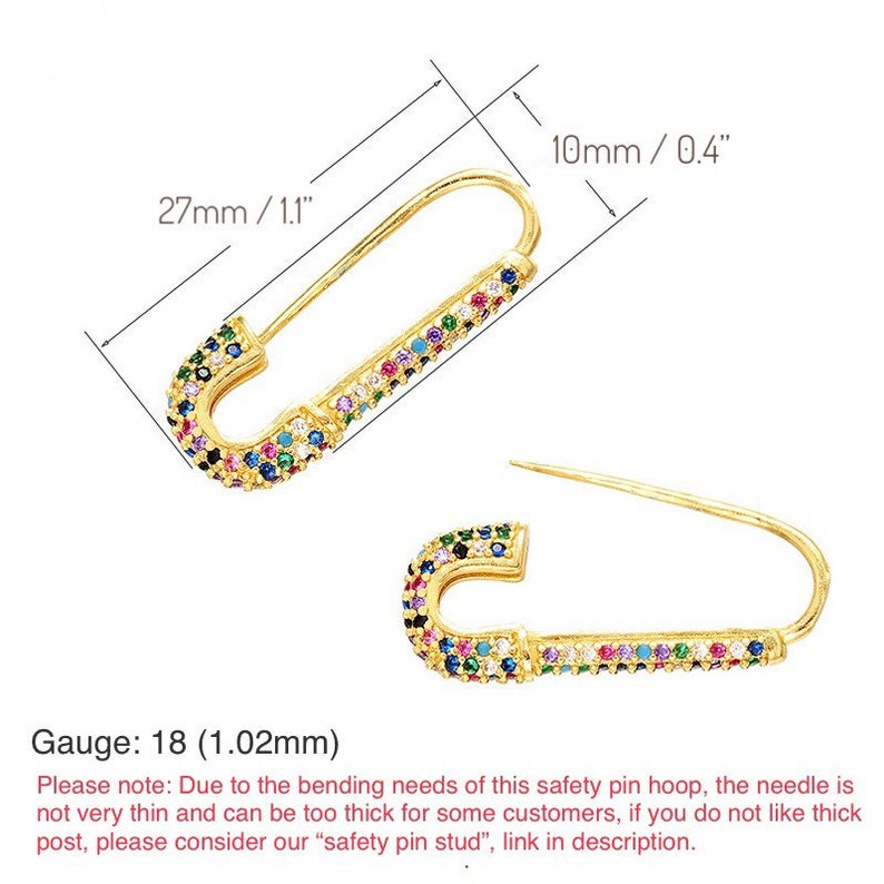 18K Gold Plated Rainbow Color Safety Pin Hoops, Sparkly Safety Pins