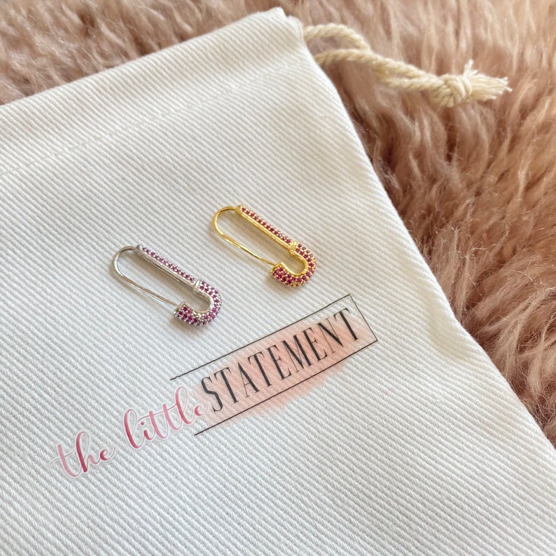 18K Gold Plated Rainbow Color Safety Pin Hoops, Sparkly Safety Pins