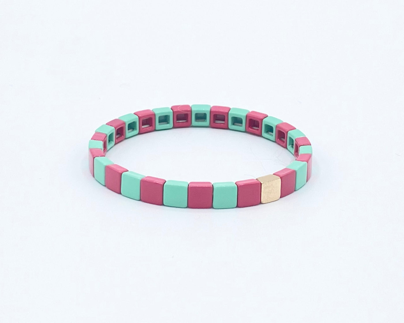 6mm Thin Rainbow Gold Enamel Tile Bead Bracelet, Colorblock Bracelets, Enamel Beads, Trendy Tila