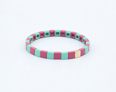 6mm Thin Rainbow Gold Enamel Tile Bead Bracelet, Colorblock Bracelets, Enamel Beads, Trendy Tila