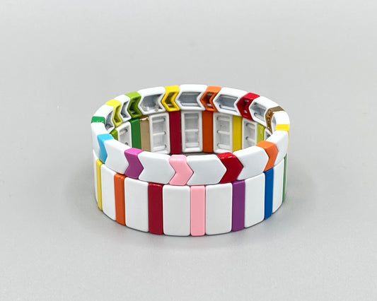 Wide Narrow Rainbow Mix Enamel Tile Beads, Colorblock Bracelets, Enamel Beads, Trendy Tila, Stretch Bracelets, Bohemian Bracelets, Gift for her
