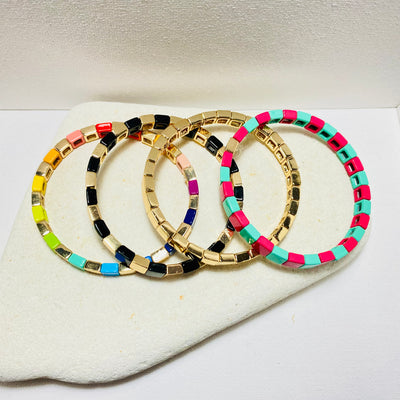 6mm Thin Rainbow Gold Enamel Tile Bead Bracelet, Colorblock Bracelets, Enamel Beads, Trendy Tila