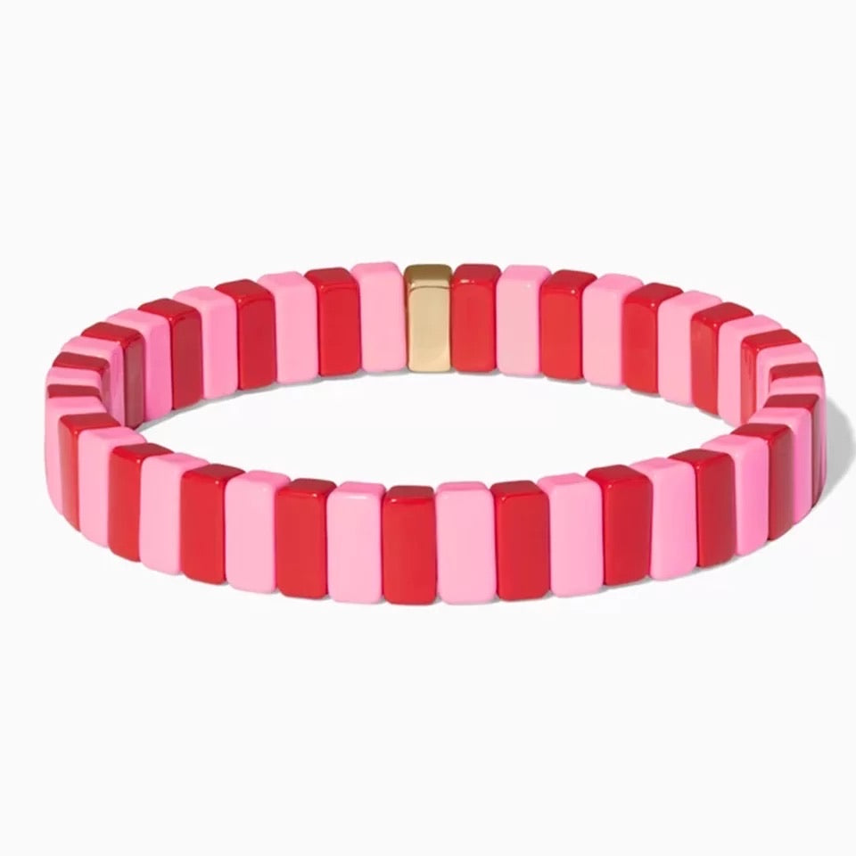 Schmale rosa-rote Emaille-Fliesenperlen, Colorblock-Armbänder, Emaille-Perlen, trendige Tila, Stretch-Armbänder, böhmische Armbänder, Fliesenperlen