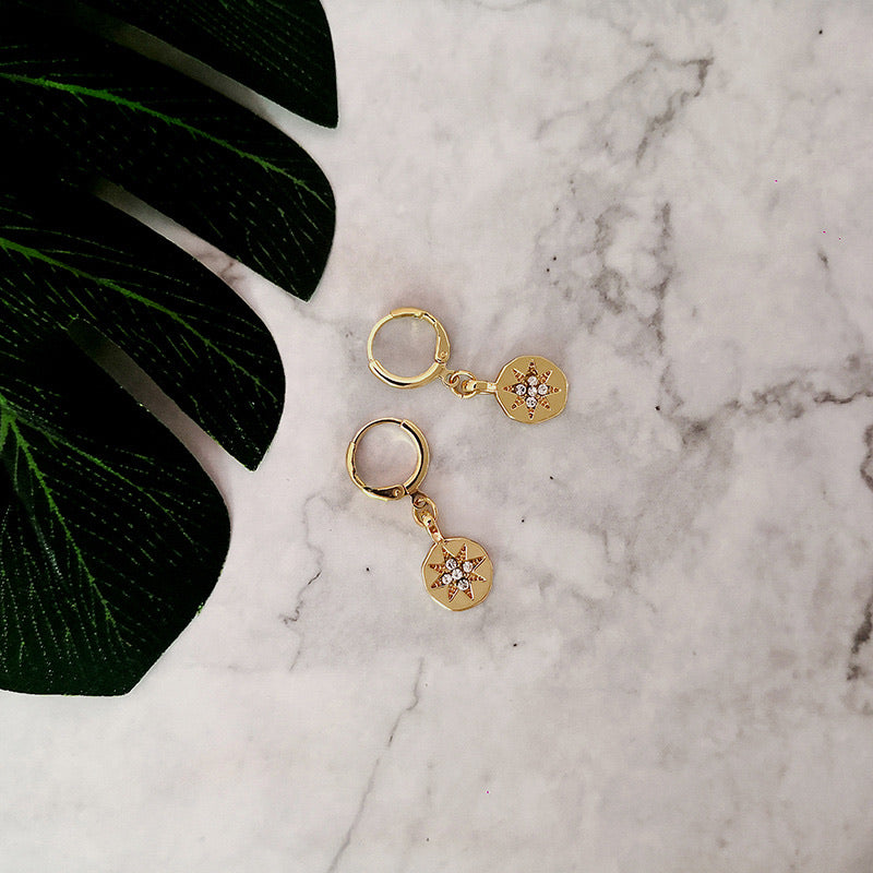 Gold Plated Eight-point Star Earrings, Dainty Second Hole Earrings, Star Hoop Earrings, Gold Hoops, Huggies, Dainty Gold Hoops, Punk Earrings