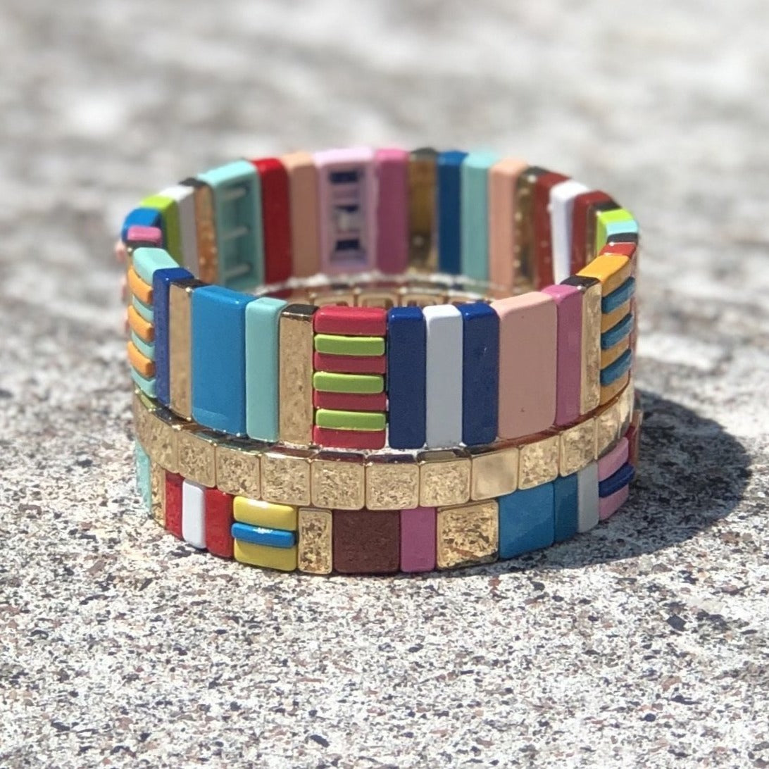 Summer Color Enamel Tile Bracelets, Colorblock Bracelets, Enamel Beads, Trendy Tila, Stretch Bracelets, Bohemian Bracelets, Tile Beads