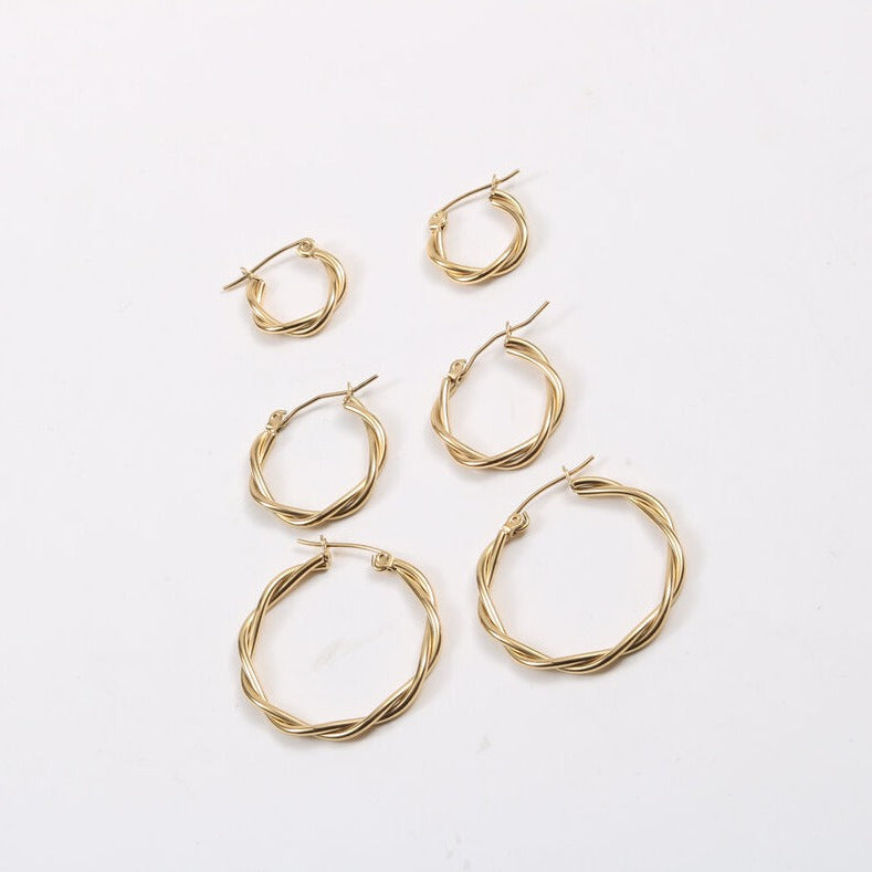 Boucles d’oreilles Twist Hoop simples plaquées or 18 carats 16 mm/20 mm/30 mm, boucles d’oreilles minimalistes