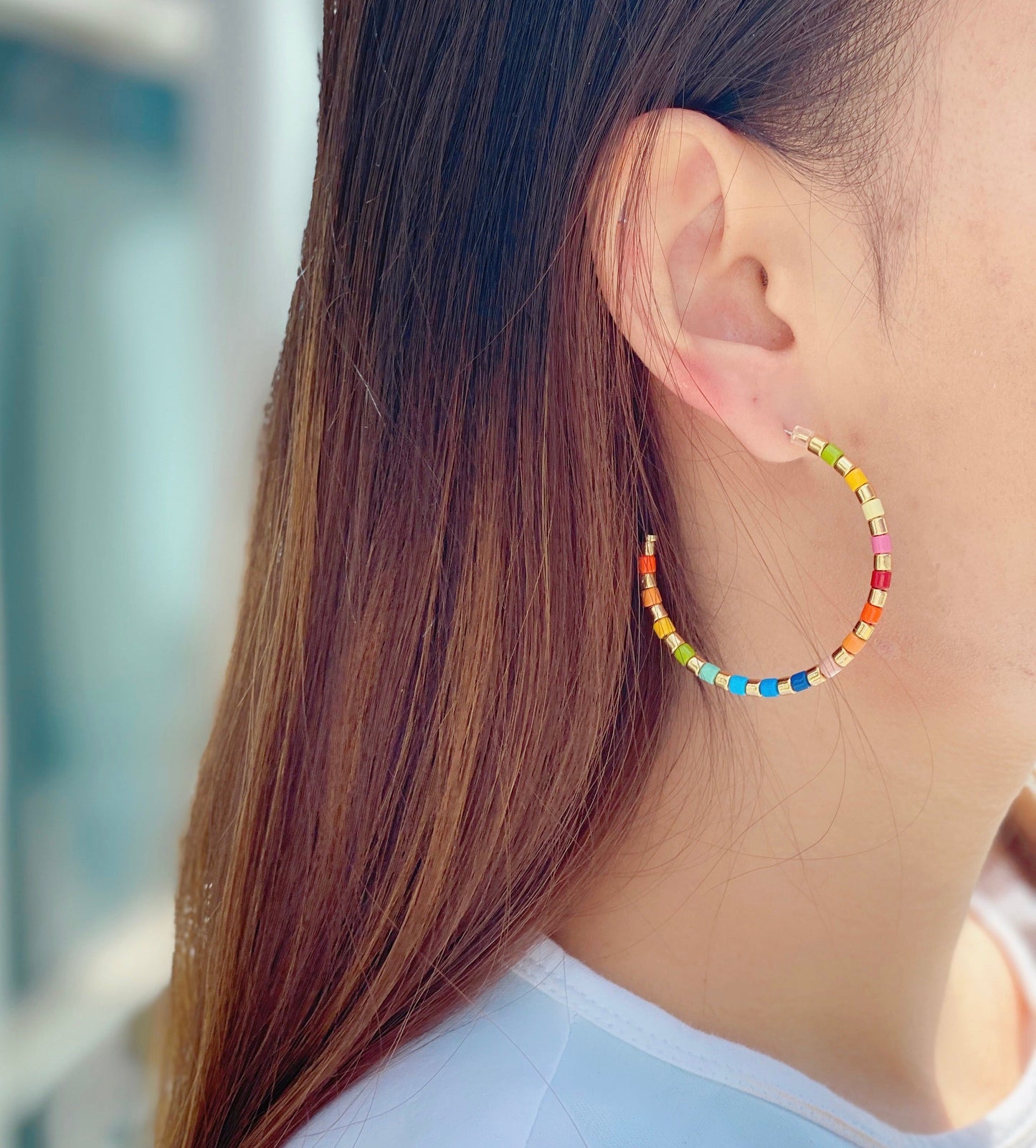 50mm Rainbow Enamel Tile Hoop Earrings, Colorblock Hoop Earrings
