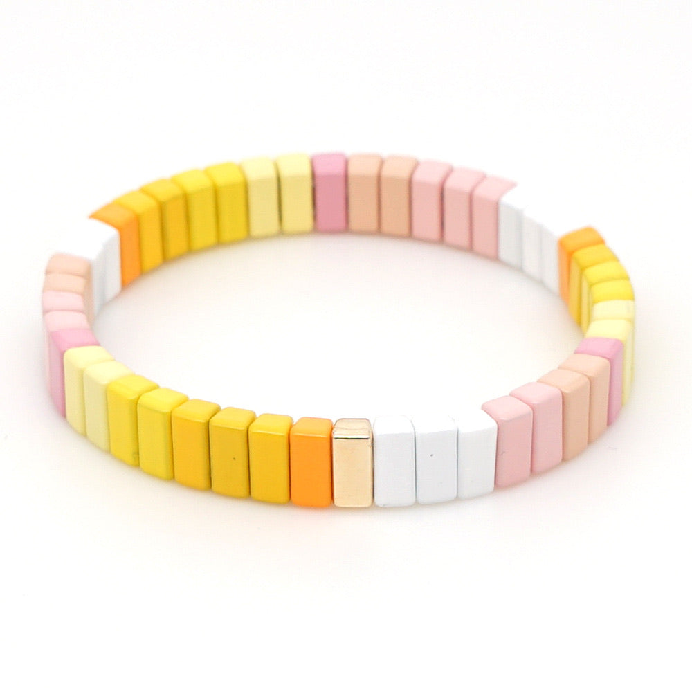 Narrow Yellow Pink Mix Enamel Tile Beads, Colorblock Bracelets, Enamel Beads, Trendy Tila, Stretch Bracelets, Bohemian Bracelets, Tile Beads