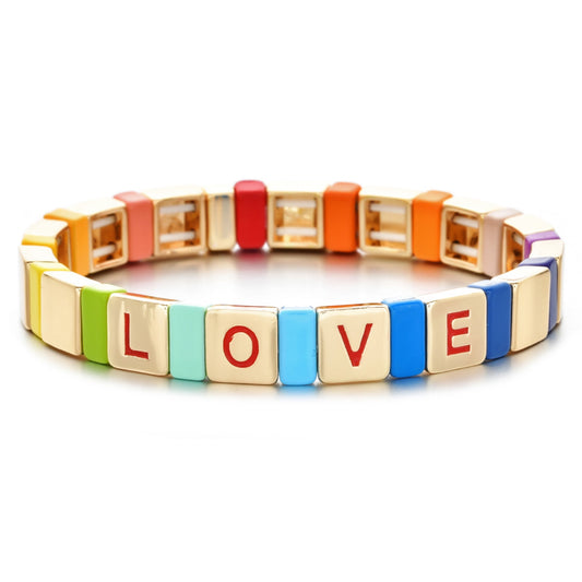 Rainbow Love Enamel Tile Beads, Colorblock Bracelets, Enamel Beads, Trendy Tila, Stretch Bracelets, Tile Beads, Gift for his / her