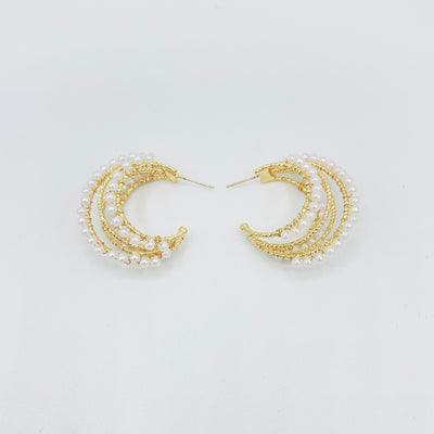 Faux Pearl Triple Hoop Earrings, Medium Hoop Earrings, Gold Hoop Earrings