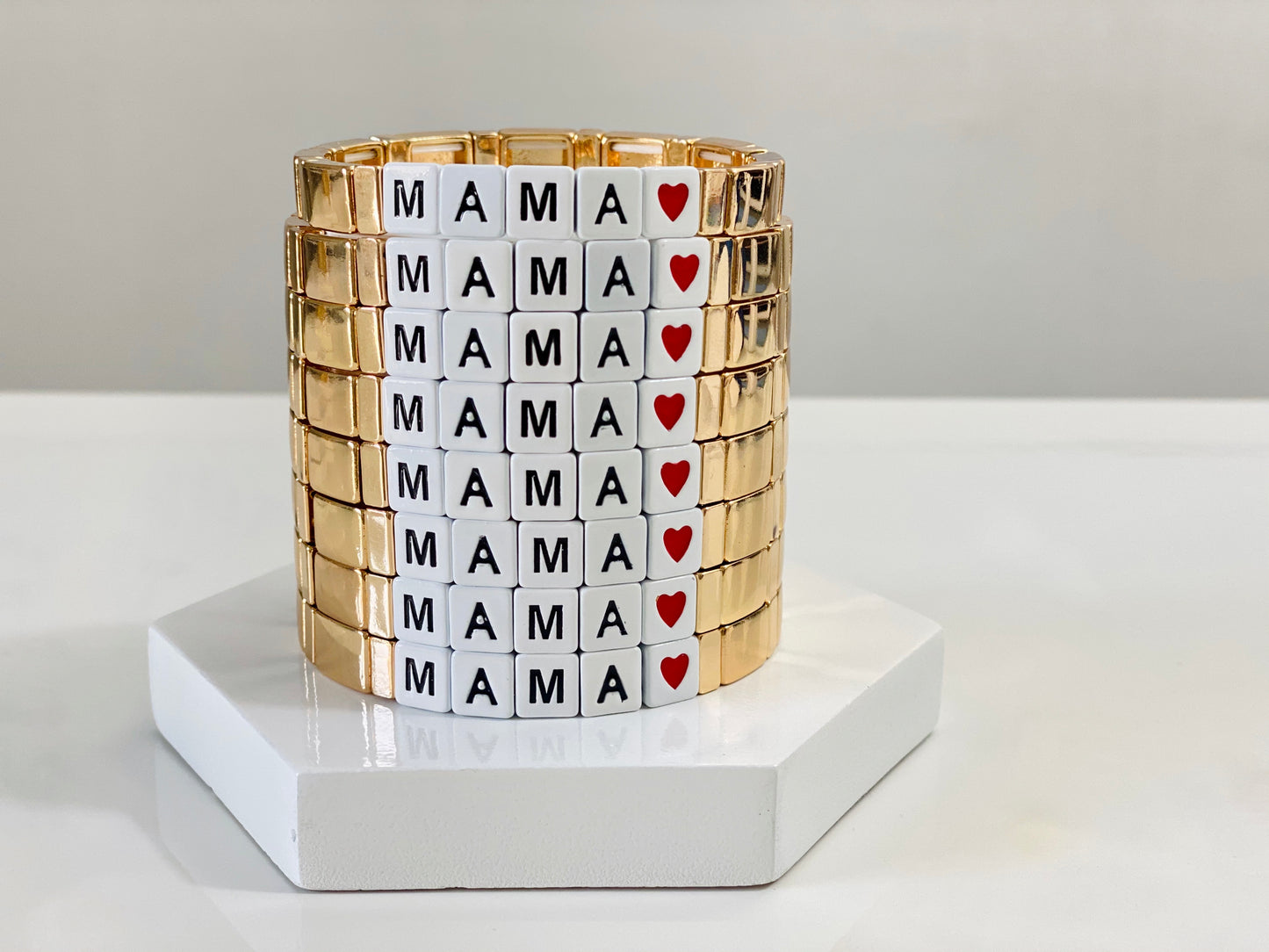 Muttertagsgeschenk – ALWAYS LOVE MAMA Emaille-Fliesenperlen, Colorblock-Armbänder, Emaille-Perlen, trendige Tila, Stretch-Armbänder