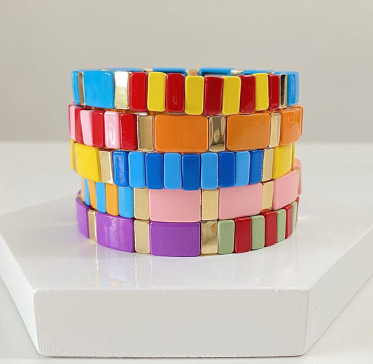 Regenbogenfarbenes Emaille-Fliesenarmband, Farbblock-Armbänder, Fliesenperlen-Armbänder