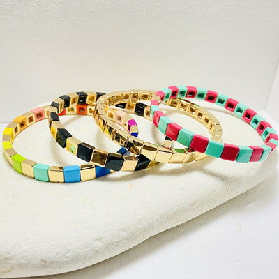 6mm Thin Rainbow Gold Enamel Tile Bead Bracelet, Colorblock Bracelets, Enamel Beads, Trendy Tila