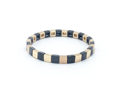 6mm Thin Rainbow Gold Enamel Tile Bead Bracelet, Colorblock Bracelets, Enamel Beads, Trendy Tila